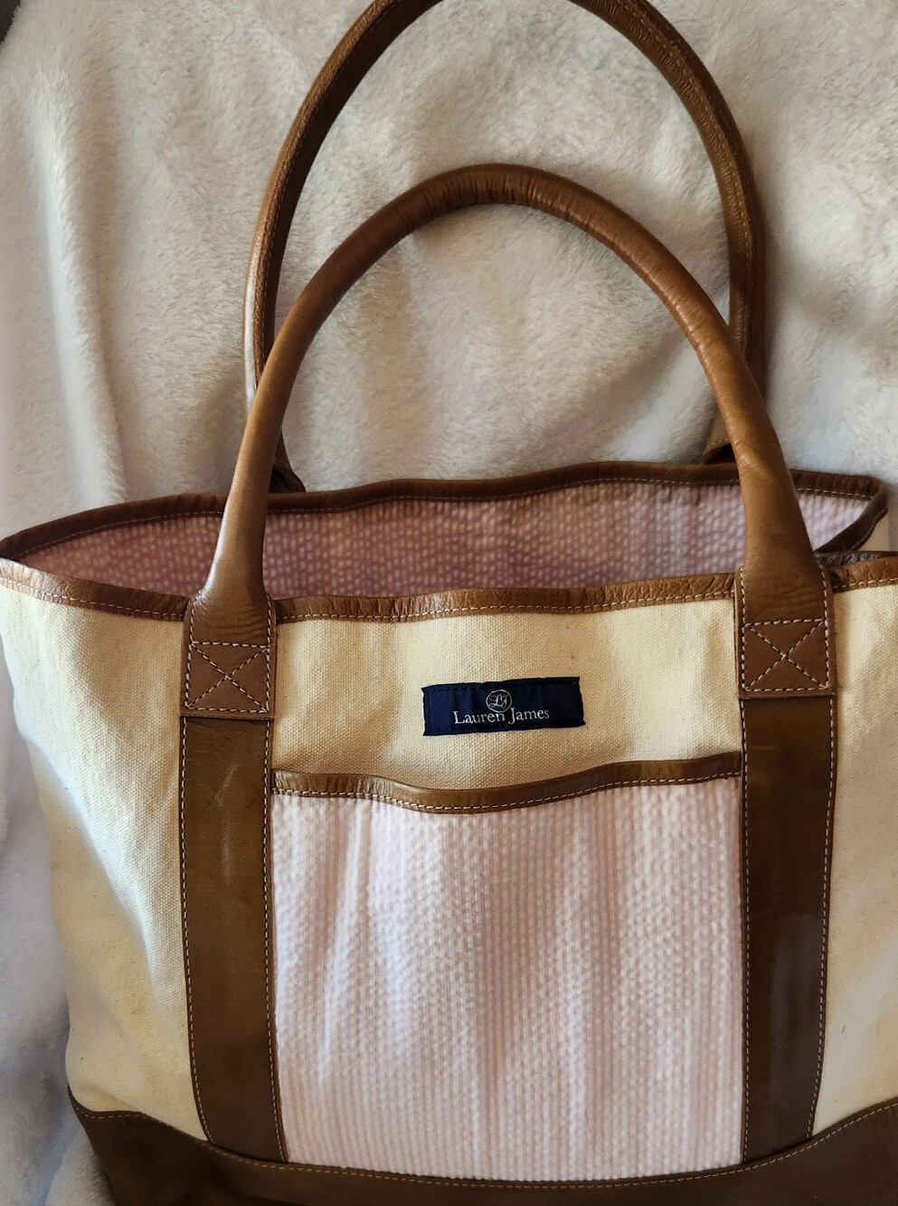 Lauren James Cream and Light Pink Canvas Tote with Brown Leather Trim